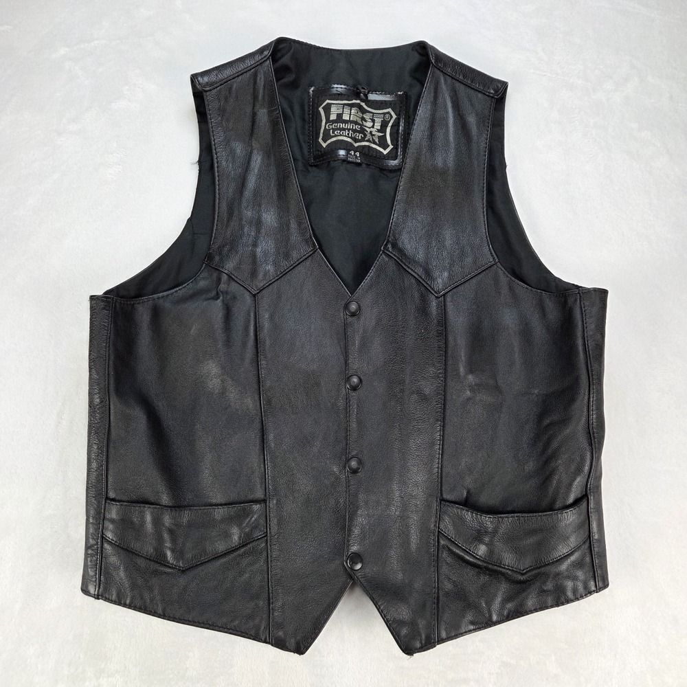 First Genuine Leather Black Motorcycle Vest Size 44 Snap Front Pockets